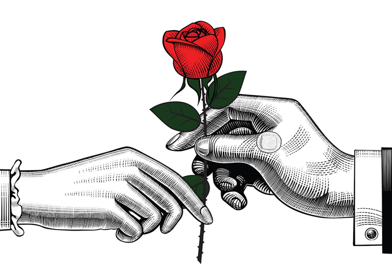 one hand handing a red rose to another hand graphic