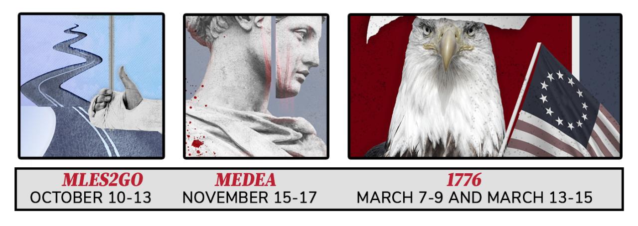 a banner image displaying three upcoming theatre performance show logos