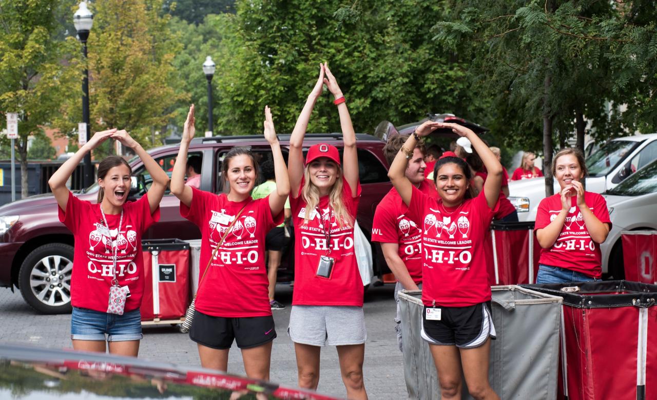 Students spelling out Ohio with their arms