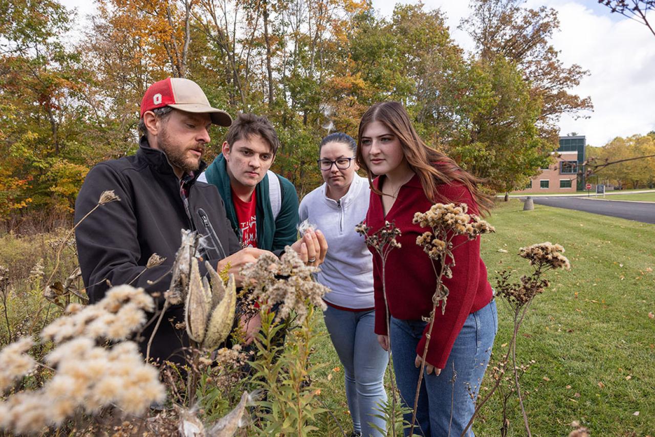 Dr. Gabriel Karns explains the importance of milkweed for monarch conservation to Ohio State Mansfield students in the FirstEnergy pollinator plots.