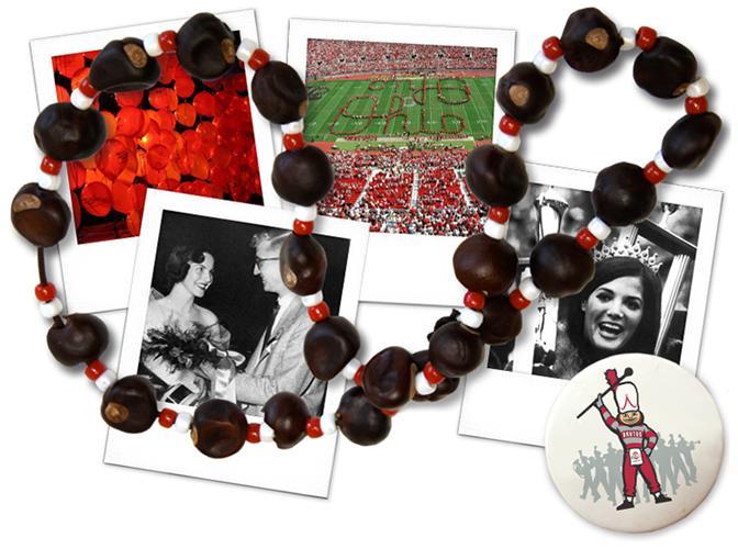 polaroid pictures of past sporting events wrapped in a buckeye necklace