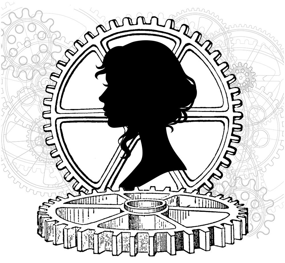 Silhouette of a head on a graphic of a machine gear