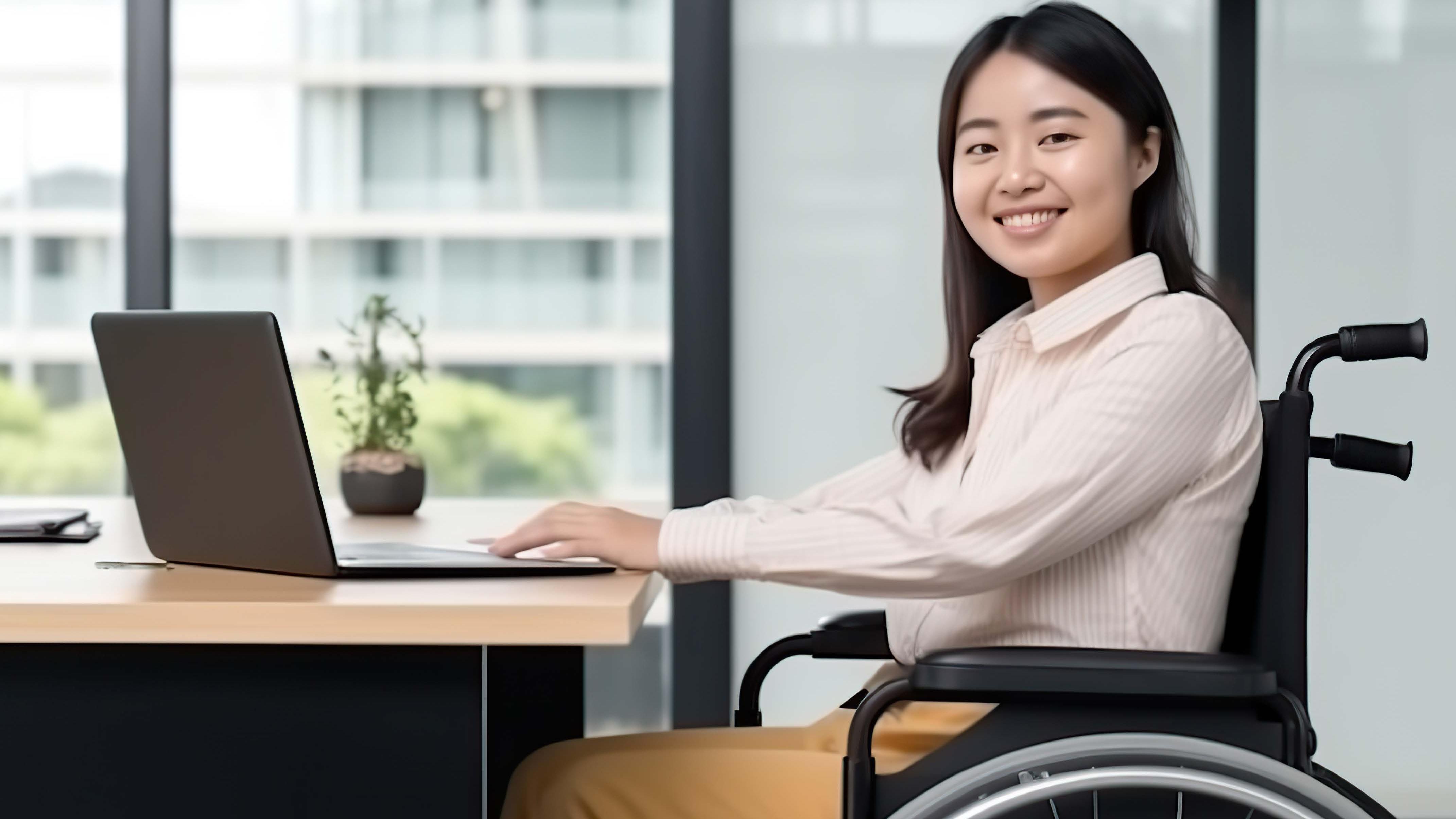 a woman in a wheelchair at a desk and laptop computer