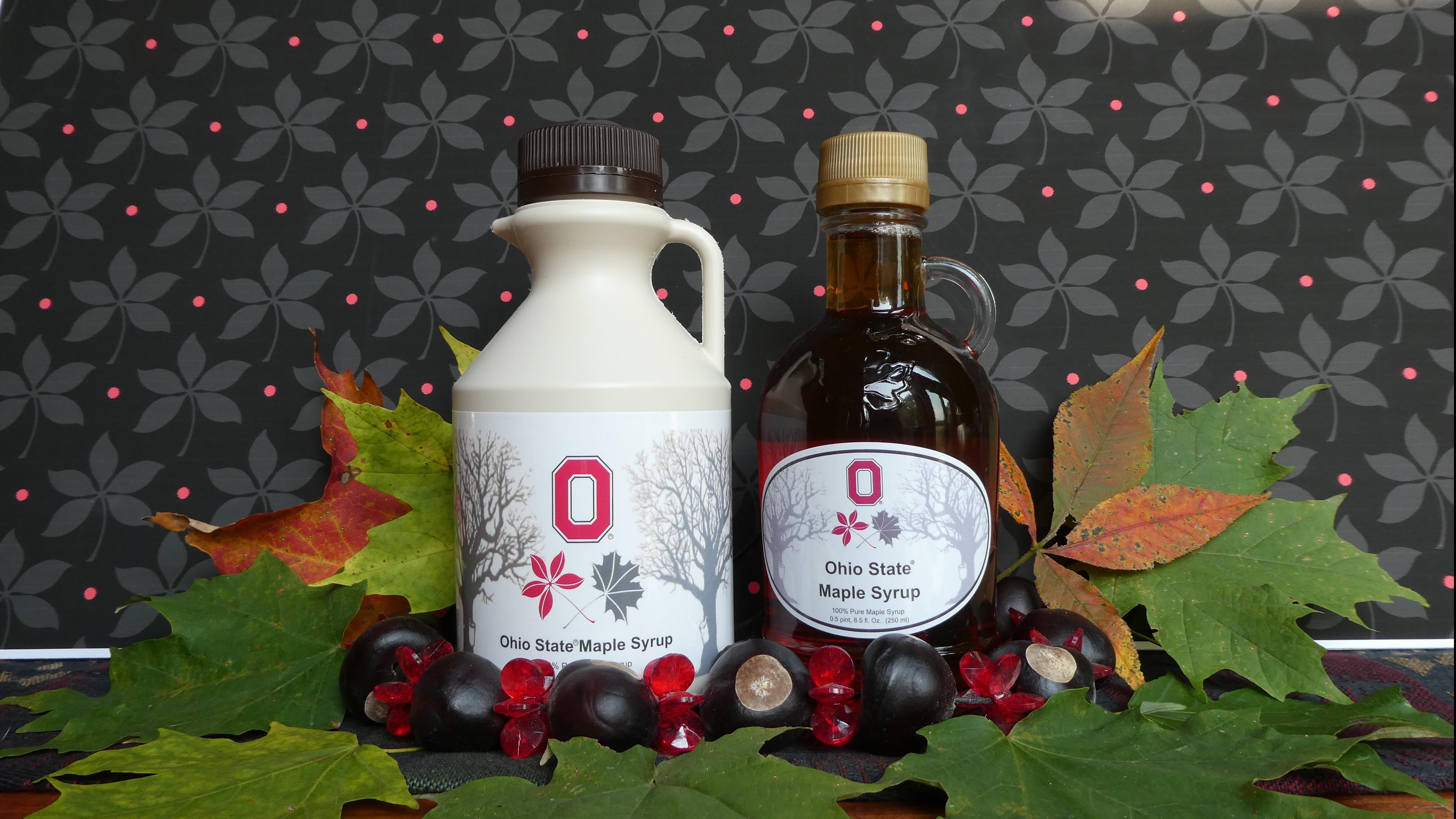 A bottle of Ohio State maple syrup