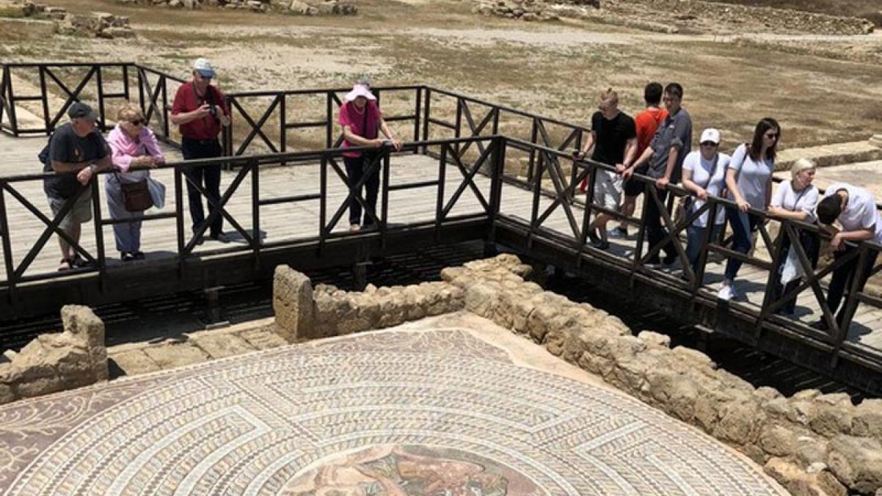 students looking down at an ancient floor historical site