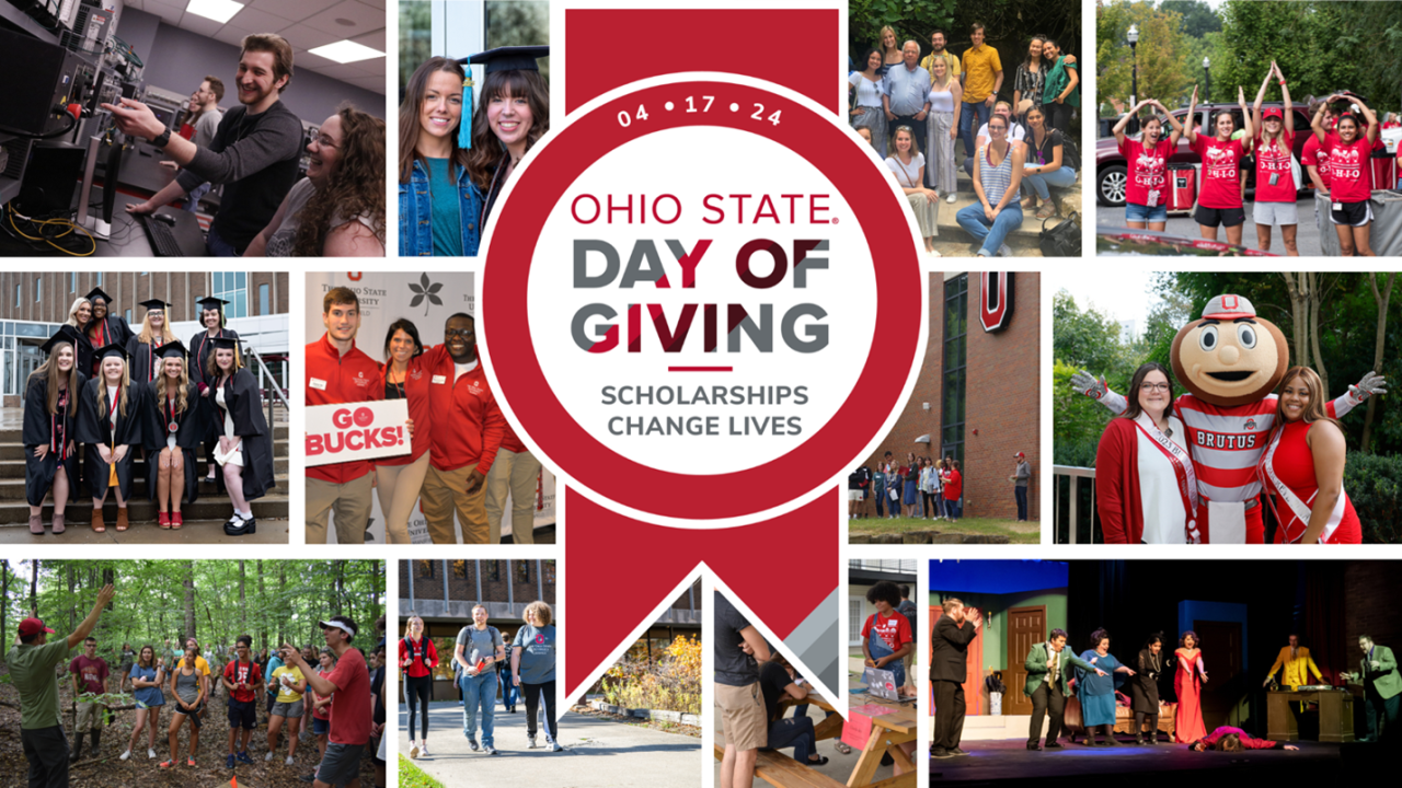 collage of images and a graphic ribbon advertising a Day of Giving event to be held on April 17, 2024