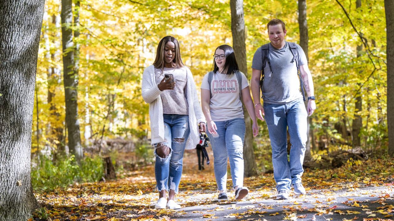 three students walking a path through a wooded area