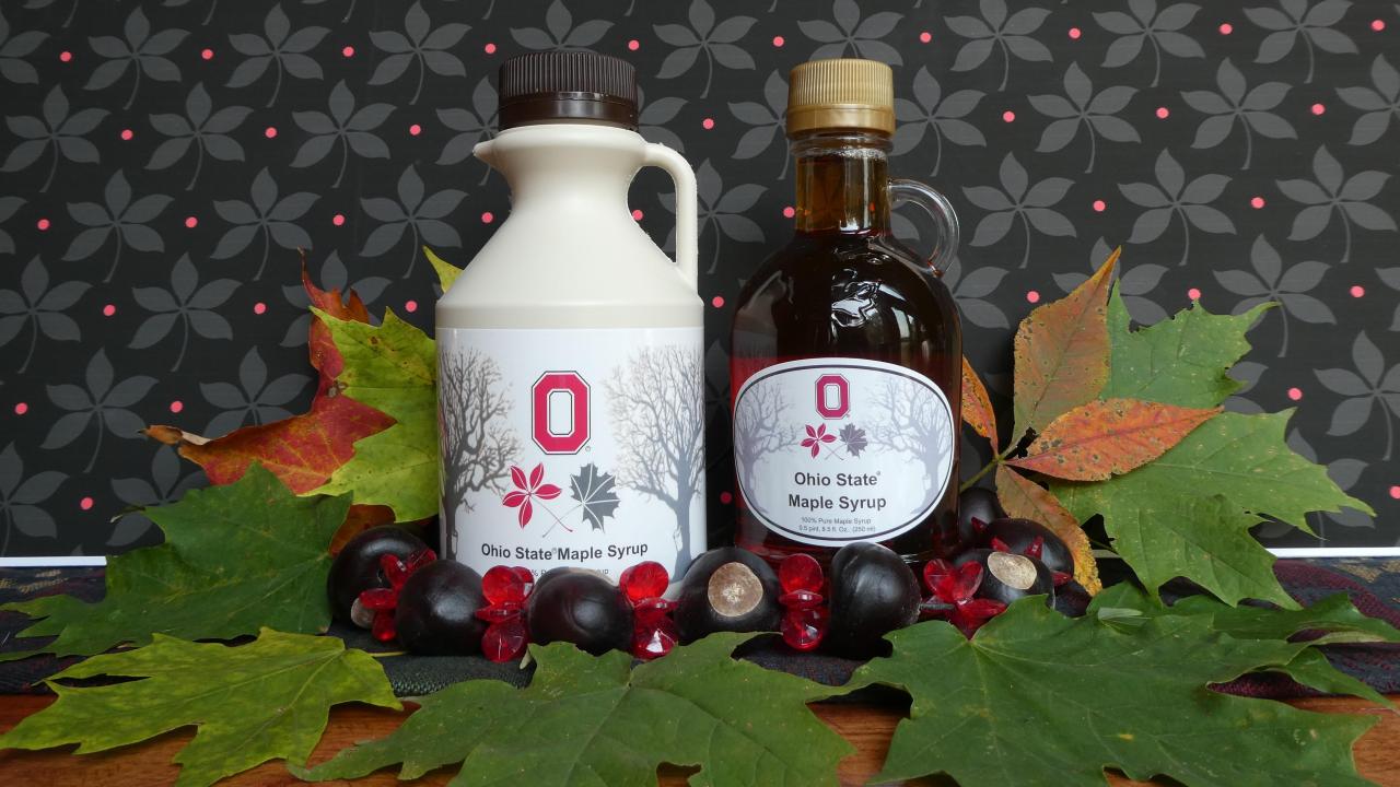 A bottle of Ohio State maple syrup
