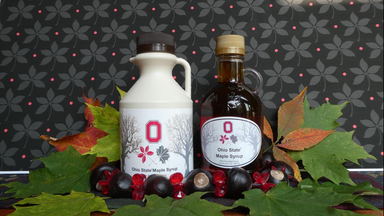 A bottle of Ohio State maple syrup