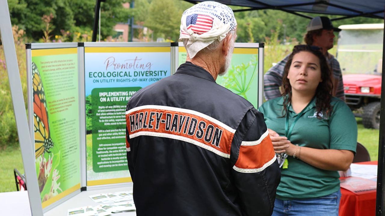Dr. Gabriel Karns explains the importance of milkweed for monarch conservation to Ohio State Mansfield students in the First Energy pollinator plots.